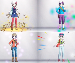 An image of 4 character designs from Pokémon Sword and Shield, customized with outfits, hairstyles, and hats. 