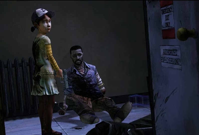 A young girl in a baseball cap holds a pistol. She looks sad. A wounded man sits on the ground. The Walking Dead Game, Telltale Games, 2012