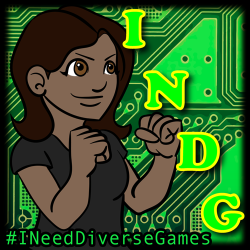 I Need Diverse Games Tanya D 2014. Image of a black femme with her fists up in front of a green computer chip background.