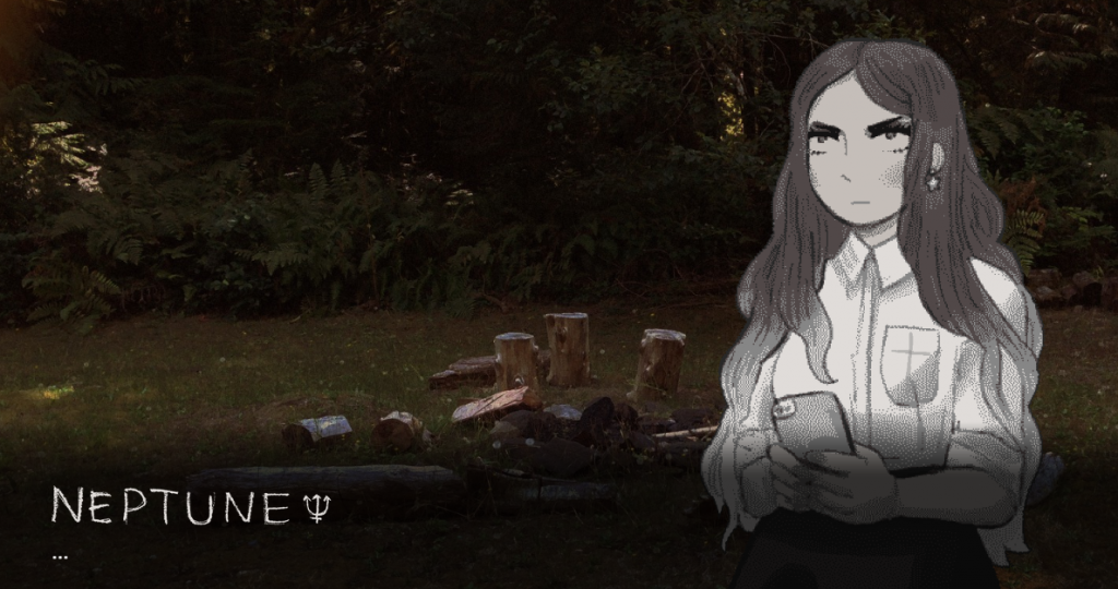 Neptune at a bonfire, holding her phone. We Know the Devil, Date Nighto, 2015.