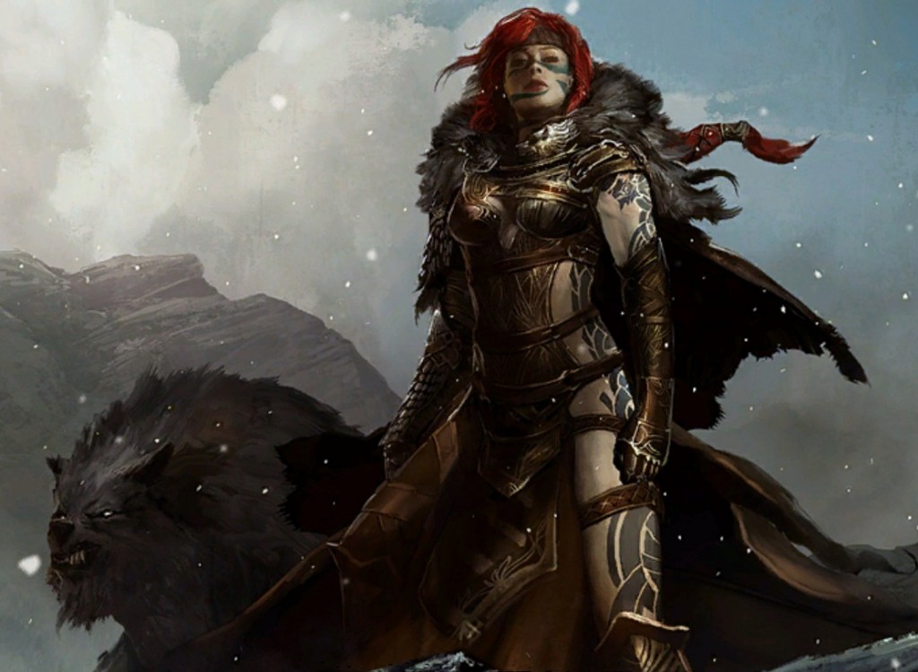 Guild Wars 2, ArenaNet, NCSOFT, 2012. A redheaded woman in arm stares out defiantly, a wolf at her side.