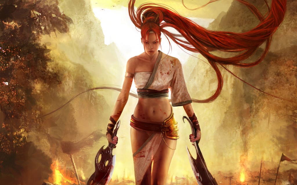 Heavenly Sword, Ninja Theory, Sony, 2007. A redheaded woman with long hair has two swords and walks away from a battleground.