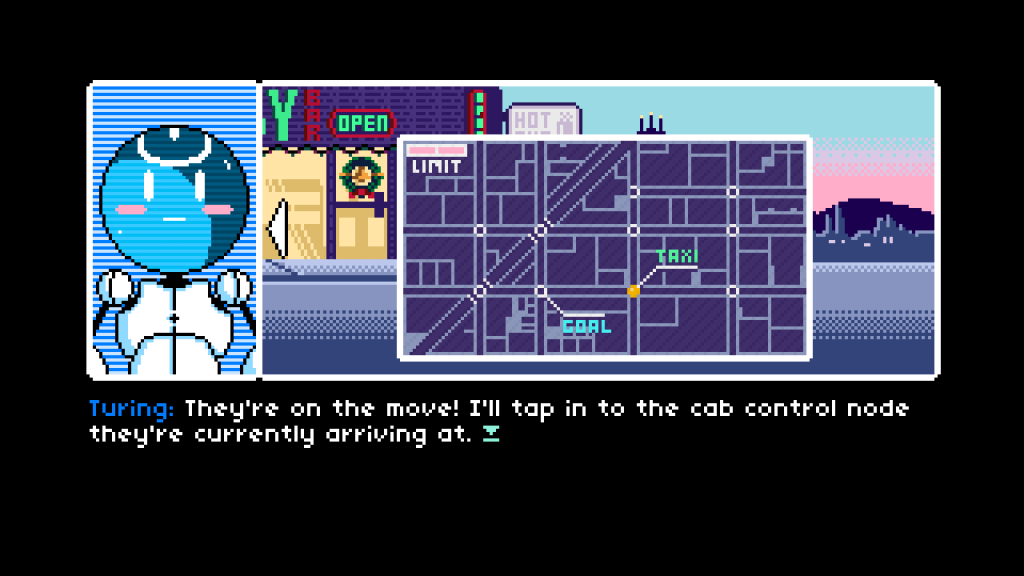 A blue robot looks at a map. It says, "Turning: They're on the move! I'll tap in to the cab control node they're currently arriving at." Read Only Memories, Midboss, 2015.