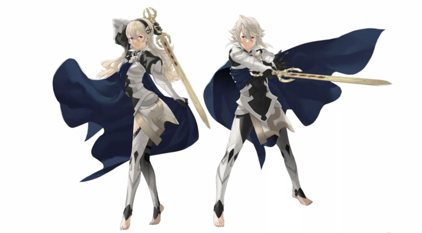 Male and female player characters with silver hair, swords, silver outfits, and blue capes in Fire Emblem Fates, Intelligence Systems/Nintendo SPD, Nintendo, 2015