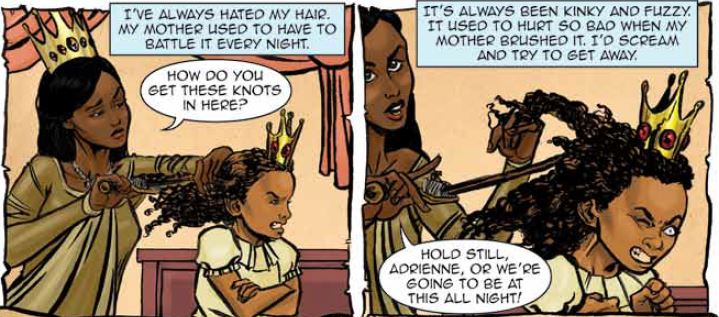 Adrienne suffers as her mother brushes her hair. Princeless #0, Action Lab Comics, Dec. 15, 2017. Writer: Jeremy Whitley; Artist: Alex Smith; Letterer: Emily Spura