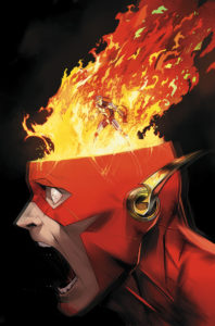Flash's head with flames coming out of the mask