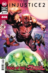 Red Lanterns flying over a Domed Hal Jordan
