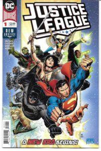 The Justice League (Superman, Batman, Wonder Woman, Green Lantern, Flash, Aquaman, Hawkgirl and Martian Manhunter) flying at the reader