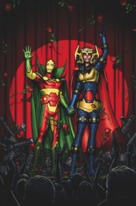 Mister Miracle and Barda in front of a red curtain, waving