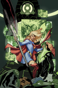 Supergirl facing off against Green Lanterns holding the axe