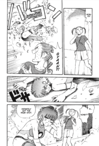 Page from Cutie Honey A Go Go!, 2018, showing Honey getting knocked through a wall (to the horror of her classmate) and commenting "Definitely not its weak point."