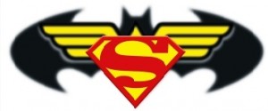 Wonder Woman, Superman, Batman logos property of DC Comics. Rag rug grid by Andrea Guerra