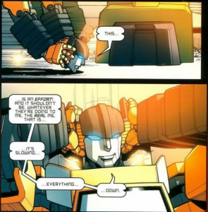 Sunstreaker uniting with Hunter in IDW Publishing's Transformers: Devastation #6. Script by Simon Furman, lineart by E.J. Su, colors by Josh Burcham, letters by Chris Mowry.
