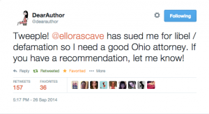 Dear Author. Screencap. Twitter. Ellora's Cave. Lawsuit.  September 26, 2014. 5:17 PM EST.