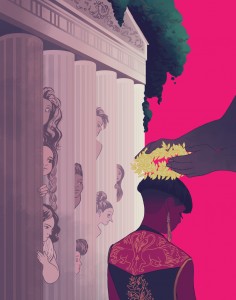 The women peeking out at Atalanta.