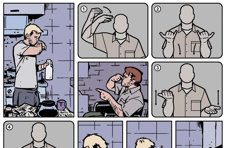 Panels from Hawkeye #19, where Clint is drinking milk and his brother is telling him he smells bad in sign language.