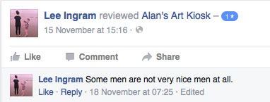 Screenshot of a review posted on the Facebook page "Alan's Art Kiosk"