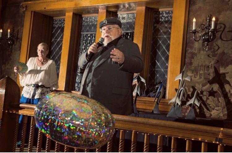 George R. R. Martin presents the Alfie awards. And yes, they are modified car hood ornaments...