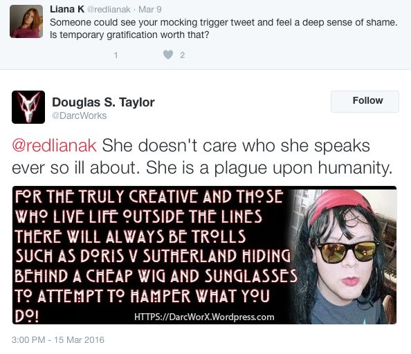Twitter exchange involving Liana Kerzner and Douglas S. Taylor.