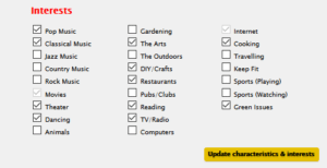 Selection of "Interests" to add to your user profile on FindMySuperhero.com