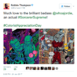Comicbook creator Robbie Thompson recognizing colorist Jordie Bellaire's work