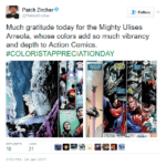 Comicbook creator Patch Zircher recognizing colorist Ulises Arreola's work on DC's "Action Comics"