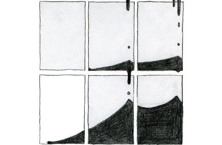 Six panels from Over Ripe in which black ink drips ominously.