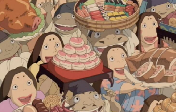 A crowd of people smiling and holding up full platters of food, from Spirited Away.