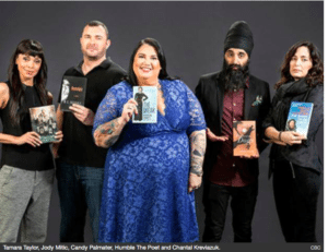 Five Canada Reads 2017 Panellists, Chantal Kreviazuk,Humble the Poet,Jody Mitic,Candy Palmater,Tamara Taylor Holding Their Respective Books