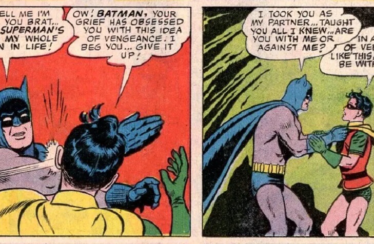 The original panels of Batman slapping Robin across the face and the follow-up panel, where Batman grabs Robin by the suit. Art by Curt Swan and George Klein. World's Finest #153, 1956, DC Comics.