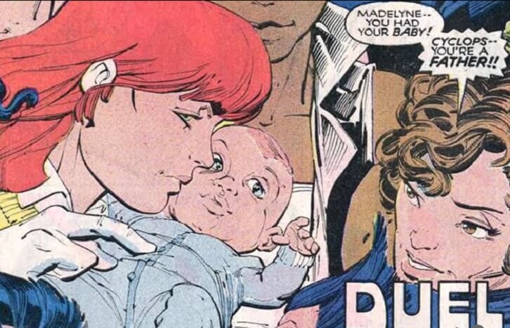 Madelyne Prior holds a baby Nathan Summers, while Kitty Pryde exclaims, "Madelyne -- you've had your baby. Cyclops -- you're a father!!"