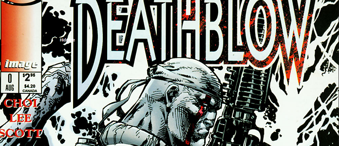 Deathblow Issue #0 cover, "Deathblow" in white letters with black outline above Michael Cray in profile holding a machine gun