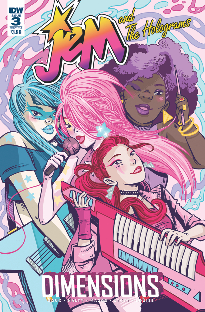 Jem and the Holograms Dimensions 3 Cover A. Shooting Stars Written by Nicole Goux. Drawn by Rebecca Nalty. Haunted Written by Sam Maggs. Drawn by Rachel Stott. IDW Publishing. 7 February 2018
