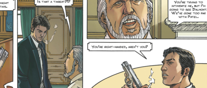 Three panels: Man in suit standing over seated gray-haired man at desk; close-up of gray-haired man looking outraged; suited man cocking pistol and asking if the seated man is right-handed