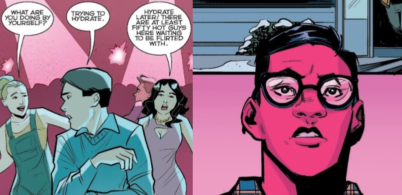 At left, Kevin in blue in the foreground with Betty and Veronica behind him in shades of pink with the very pink dance floor in the background. At right, Closeup of Dilton's face, all in the same pinks, below similar blues from the panel above.