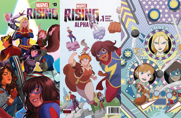 Three Marvel Rising covers, slightly overlapping. From left to right: Marvel Rising #0 (April 2018), Marvel Rising: Alpha #1 (June 2018), and Marvel Rising: Omega #1 (September 2018). Cover for #0 by Helen Chen; covers for Alpha #1 and Omega #1 by Gurihiru.