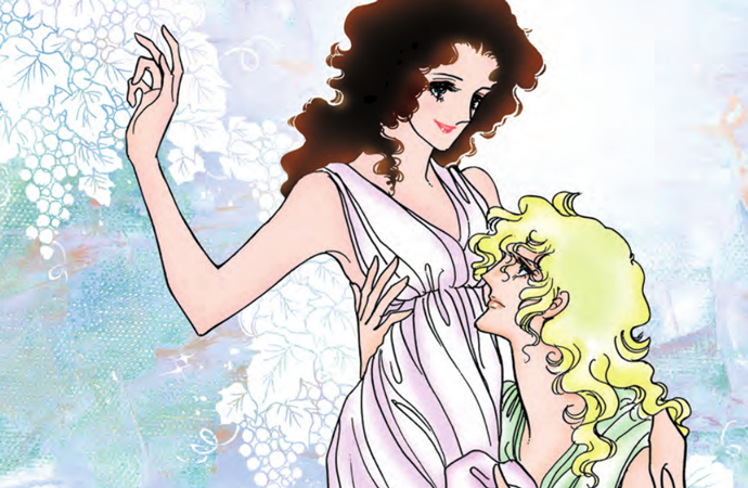 A colored image featuring Claudine and Sirene in togas, affectionately close.
