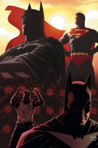 Heroic silhouettes of Superman and Batman, over Batman locking up Superman