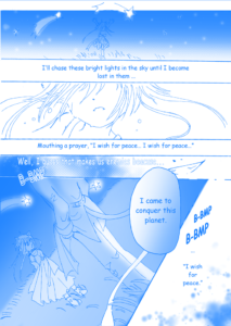A blue and white page of Sky running to meet her enemy at night, recalling her wish for peace on a similar night.