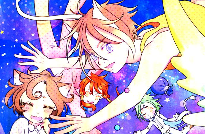A colorful collection of some of the side characters of Magical Princess Sky, floating against a galaxy-colored backdrop.