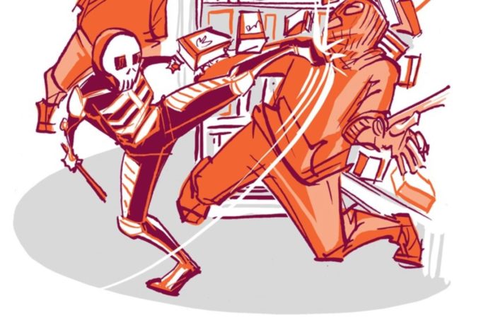 A panel of the skeleton kicking an armed robber in Power Ballad by Molly Brooks