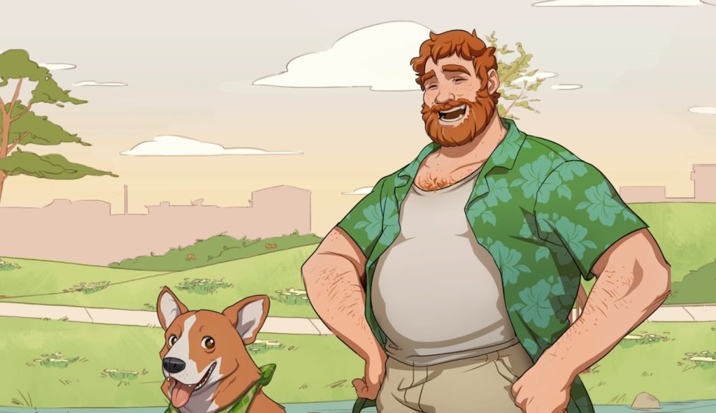 Brian and Maxwell the corgi, as drawn in the Dream Daddy video game by Game Grumps.