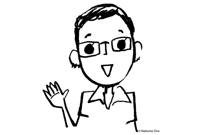 Illustration of Jocelyne Allen, a shorthaired woman with glasses waving. Art by Natsume Ono.