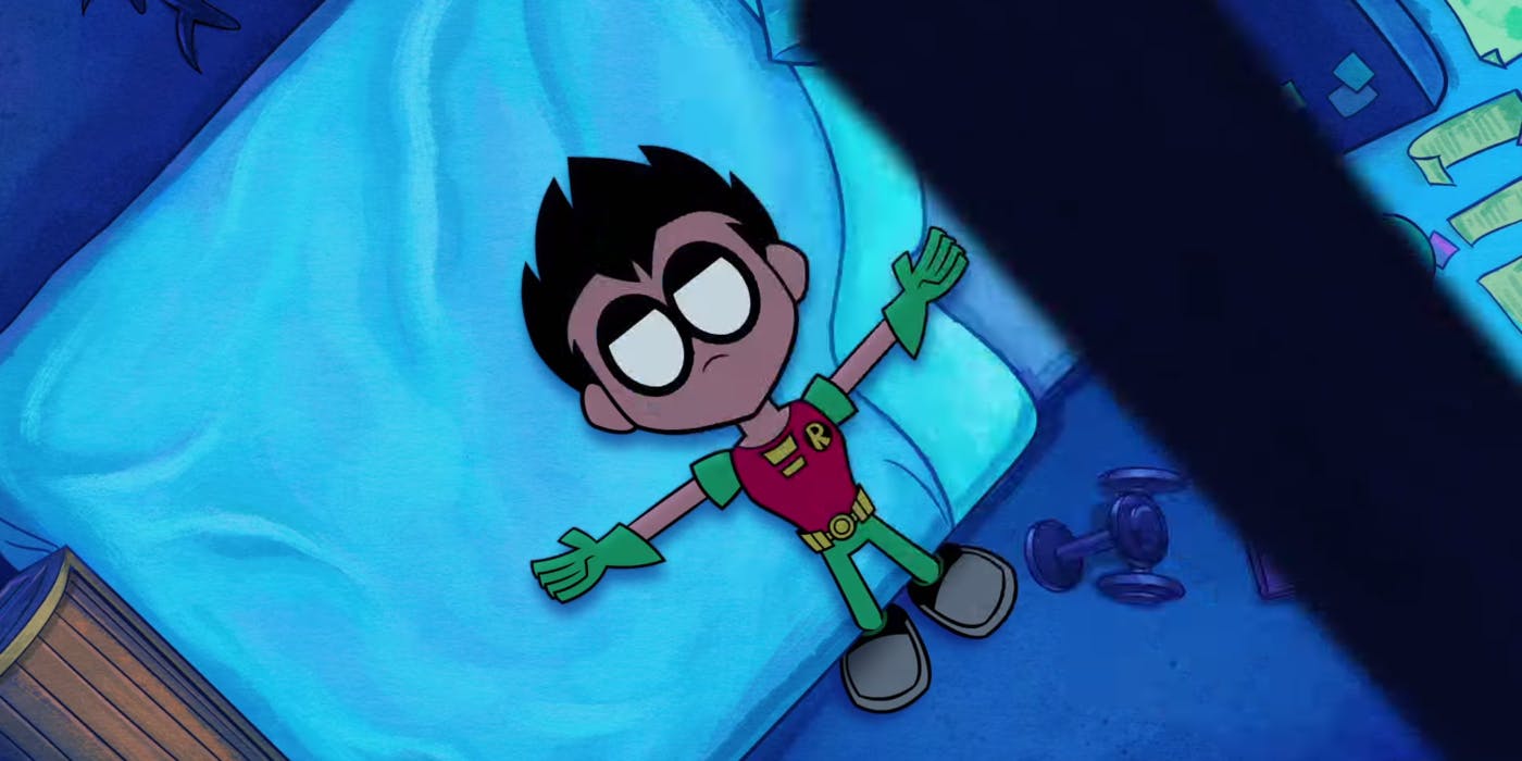 Teen Titans GO Robin lies on his bed, forlorn