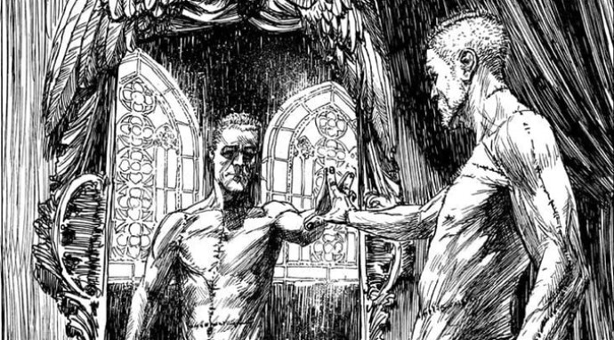 Frankenstein's monster ponders his own reflection