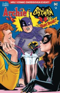Batman is shocked to find Archie and Catwoman sharing a smoothie in Archie Meets Batman '66 #4: The Batman of Riverdale Cover B. Written by Michael Moreci and Jeff Parker, drawn by Dan Parent. Archie Comics and DC Entertainment. October 31, 2018