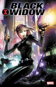 Black Widow fires two guns in front of a neon background declaring "New Year 2019"