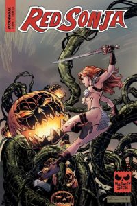 Red Sonja attacks a monstrous pumpkin