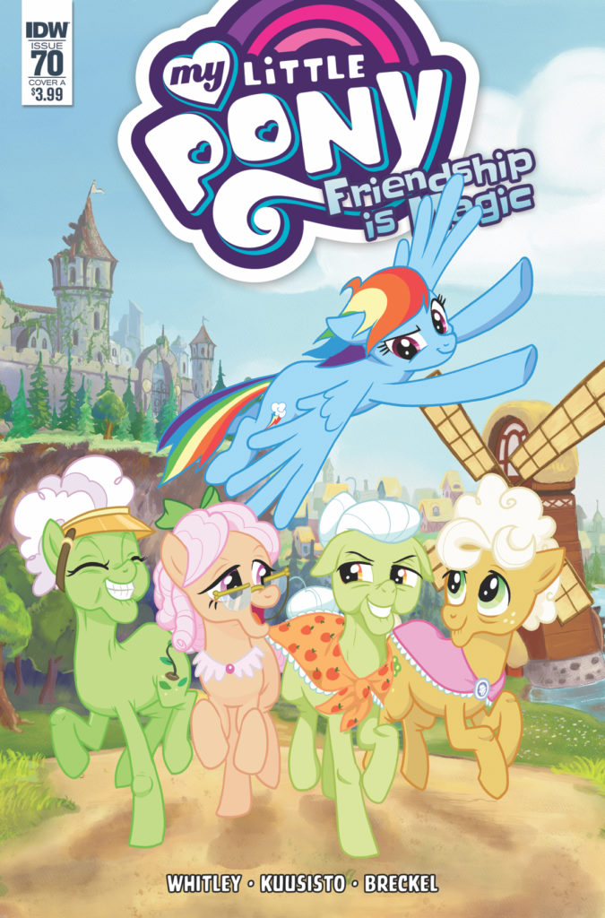 Cover for My Little Pony: Friendship is Magic #70 Toni Kuusisto (artist), Jeremy Whitley (writer) September 5, 2018 - Rainbow Dash flies triumpantly above a quartet of older ponies who bear some resemblance to the Golden Girls