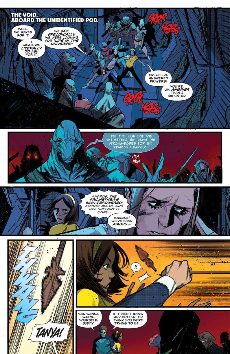 The depowered Power Rangers face off against aliens during an ambush in Mighty Morphin Power Rangers #32 Page 6. Written by Marguerite Bennett and drawn by Simone Di Meo. Published by BOOM! Studios. October 24, 2018